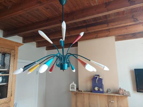 Spoetnik luster met 12 bakeliet kapjes, Huis en Inrichting, Lampen | Kroonluchters, Gebruikt, Ophalen