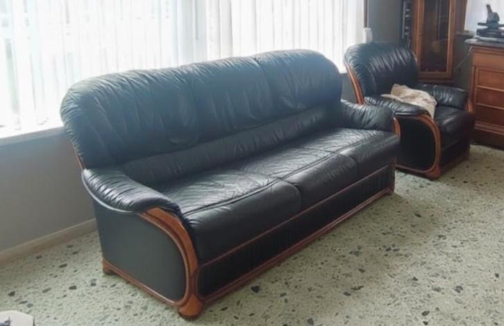 Superbe salon complet en cuir noir de haute qualité., Maison & Meubles, Canapés | Salons, Bois, Cuir, Enlèvement