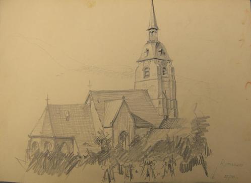 Schets Sint Martinuskerk Rijmenam door L. Boschmans, Antiek en Kunst, Kunst | Schilderijen | Klassiek, Ophalen of Verzenden