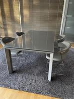 Glazen eetkamertafel met bijhorend stoelen, Huis en Inrichting, Ophalen, 100 tot 150 cm, 200 cm of meer, Vijf personen of meer