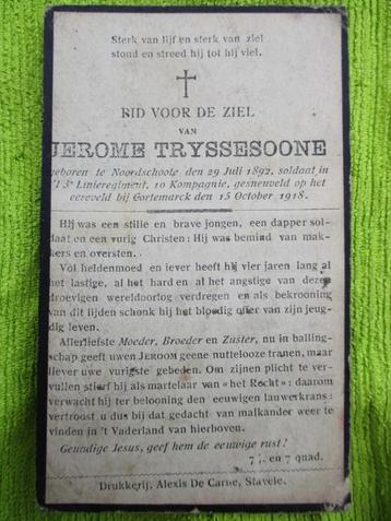 SOLDAAT : gesneuveld 1918 Kortemark (geboren  Noordschote) beschikbaar voor biedingen