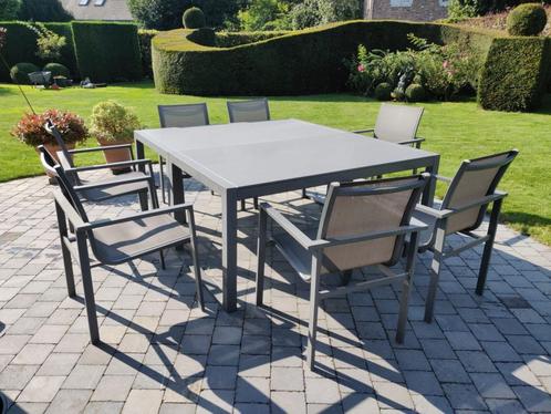 Ensemble de jardin - 2 tables grises métal verre + 7 chaises, Jardin & Terrasse, Ensembles de jardin, Comme neuf, Sets de jardin