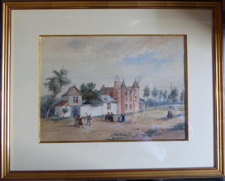 Tableau Aquarelle signée - Château de David Tenier, Antiek en Kunst, Kunst | Schilderijen | Klassiek, Ophalen