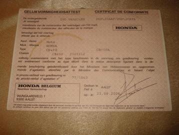 Ancien Certificat Conformité Moto Honda CB400 2006, Enlèvement ou Envoi, Honda