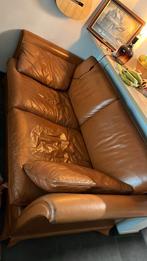 Cognac lederen 2 zetels vintage, Huis en Inrichting, Ophalen, Gebruikt, Driepersoons, Rechte bank