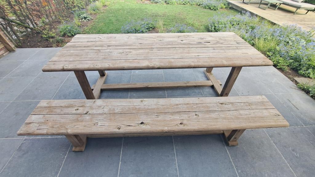 Gommaire teak tafel 260 cm + bank – massief design, Tuin en Terras, Ophalen