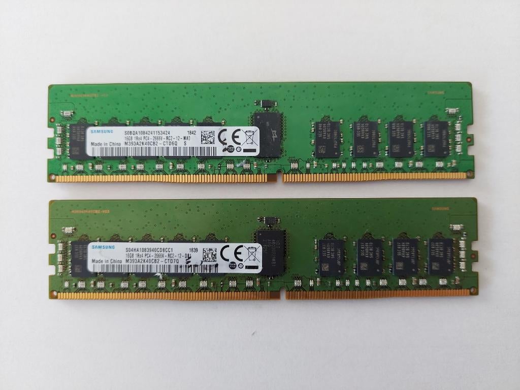 2x 16 GB (32 GB) RAM DIMM ECC DDR-4 2666 Mhz Samsung, Computers en Software, RAM geheugen, Gebruikt, 32 GB, Server, DDR4