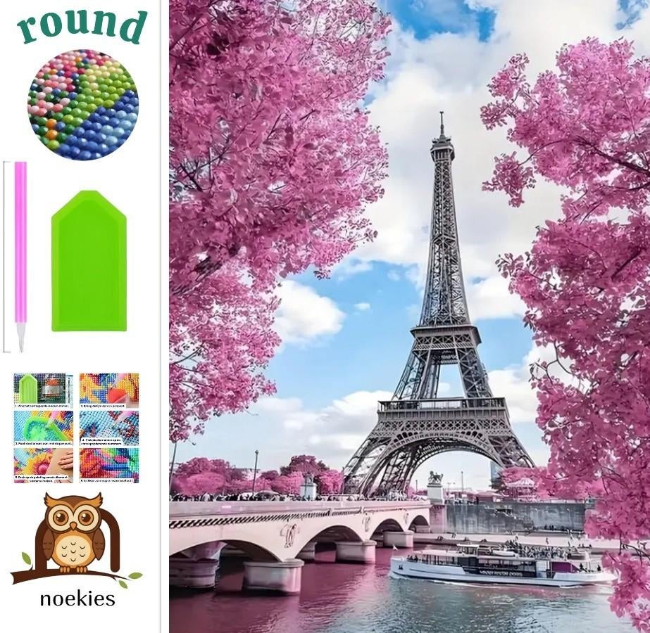 nr 369 Diamond Painting set Eiffeltoren roze 30x20cm (rond), Roze, Verzenden, Gebouwen, Nieuw