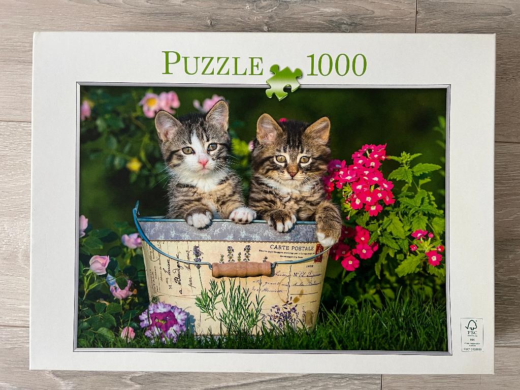 Puzzel Katjes in een emmer, Hobby en Vrije tijd, Ophalen of Verzenden, 500 t/m 1500 stukjes, Zo goed als nieuw, Legpuzzel