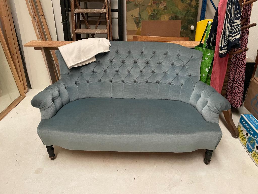 Gestoffeerde blauwe 2-zitsbank, Ophalen, Minder dan 75 cm, Zo goed als nieuw, Rechte bank