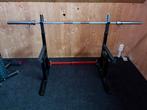 Verstelbare squatrack, Olympische bar 20 kg, 2 halterklemmen, Sport en Fitness, Ophalen, Zo goed als nieuw