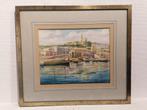 Aquarel op papier onder glas – Havenzicht, Ophalen of Verzenden