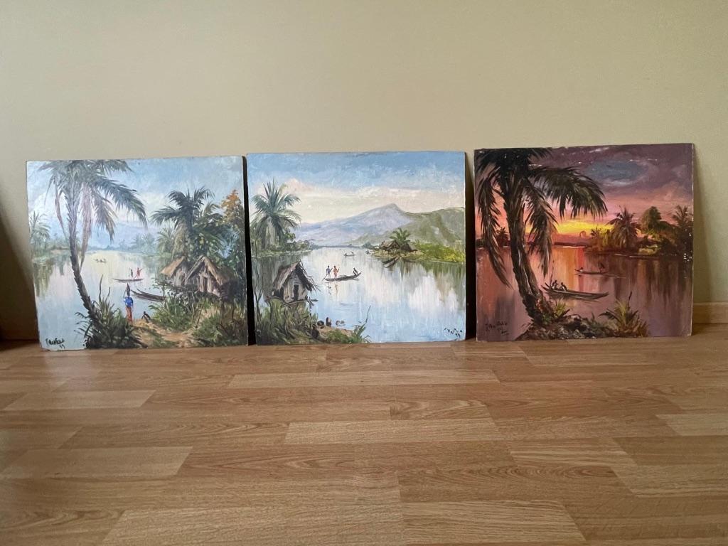 3 vintage schilderijen op paneel T. Nankya, Antiek en Kunst, Curiosa en Brocante, Ophalen