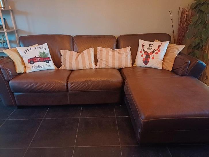 Bruin lederen zetel 3zit, Huis en Inrichting, Zetels | Zetels, Gebruikt, Hoekbank, Driepersoons, Leer, Ophalen