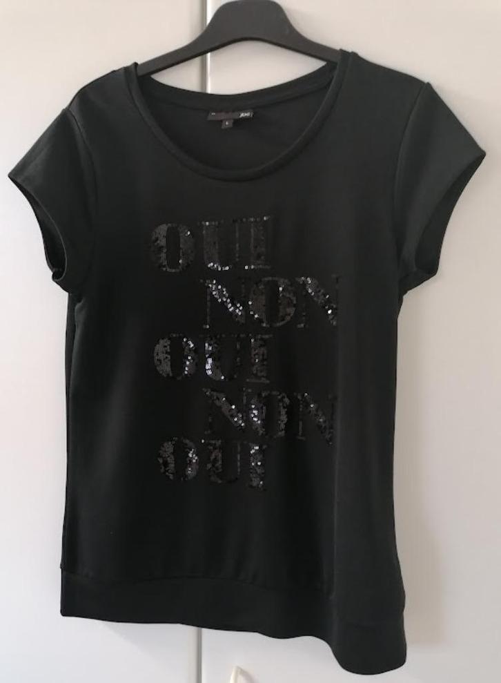 Zwarte T-shirt met tekst in pailletten, L, Kleding | Dames, T-shirts, Zo goed als nieuw, Ophalen of Verzenden