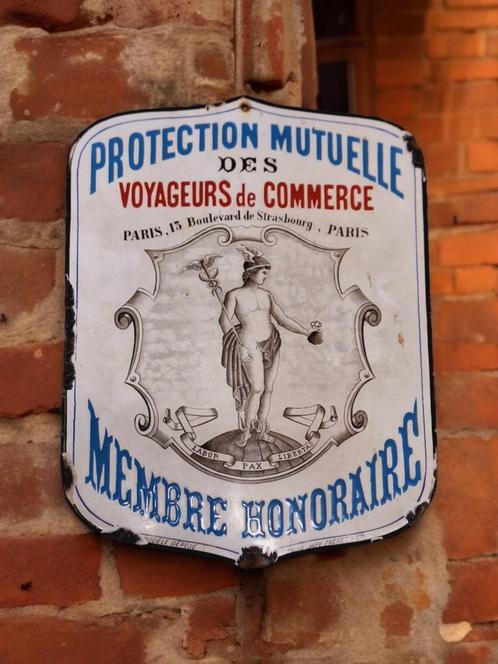 Antiek emaille bord bescherming handelsreizigers uit ca 1920, Collections, Marques & Objets publicitaires, Utilisé, Panneau publicitaire