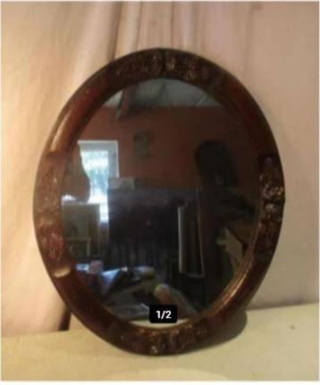 Beau miroir ovale antique dans un cadre sculpté - 59x49, Enlèvement ou Envoi, Ovale