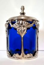 Blauw glazen pot met zwaar verzilverde monturen., Overige materialen, Ophalen of Verzenden, Zo goed als nieuw, Verzilverd