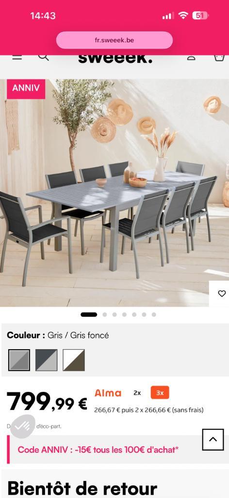 Table de jardin gris extensible + 8 chaises, Maison & Meubles, Tables | Tables à manger, Comme neuf, Enlèvement