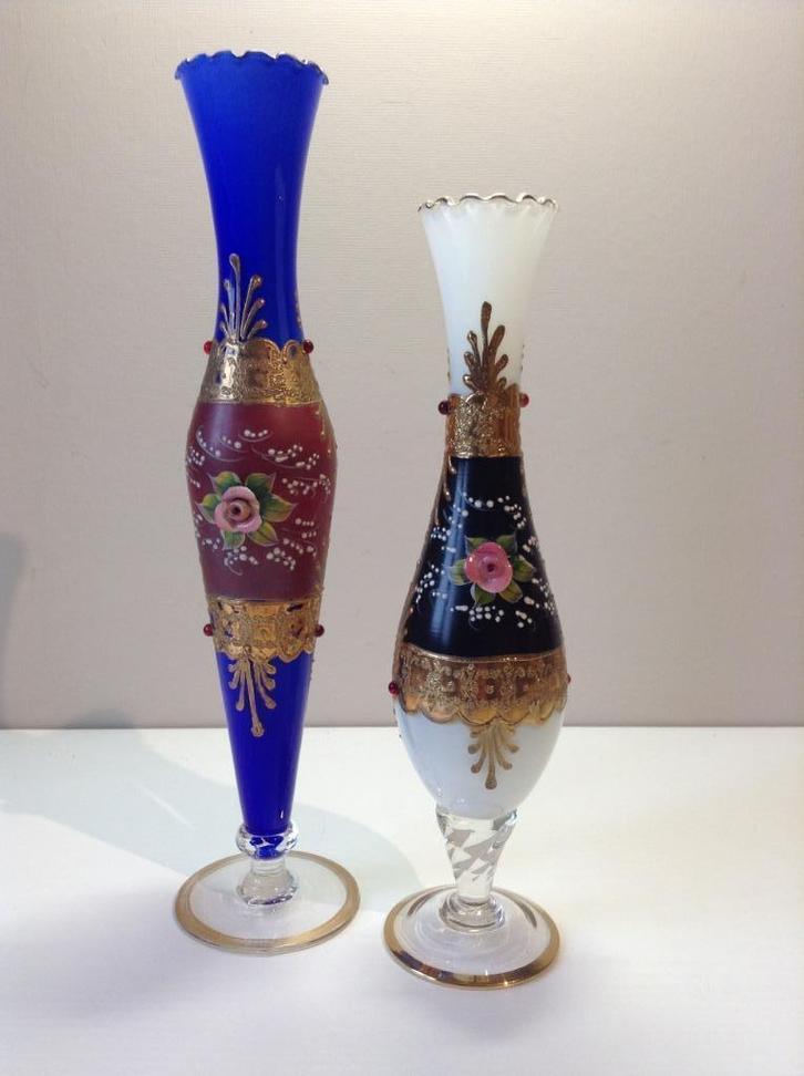 Kobaltblauwe en witte Boho Art glass vazenset verguld, Huis en Inrichting, Woonaccessoires | Vazen, Zo goed als nieuw, Overige kleuren