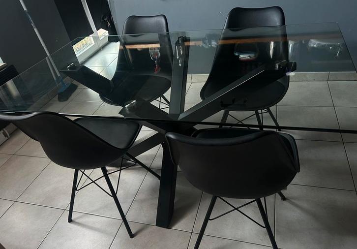 Table en verre + 4 chaises, Huis en Inrichting, Tafels | Eettafels, Zo goed als nieuw, Glas, Ophalen