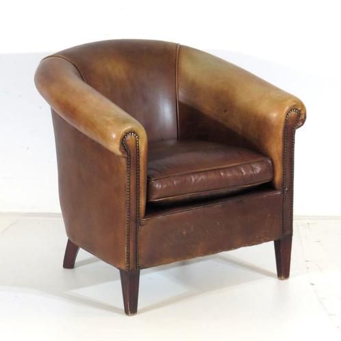 Vintage dik schapenleren clubfauteuil stoel fauteuil, Huis en Inrichting, Fauteuils, Hout, Leer, Overige materialen, 75 tot 100 cm