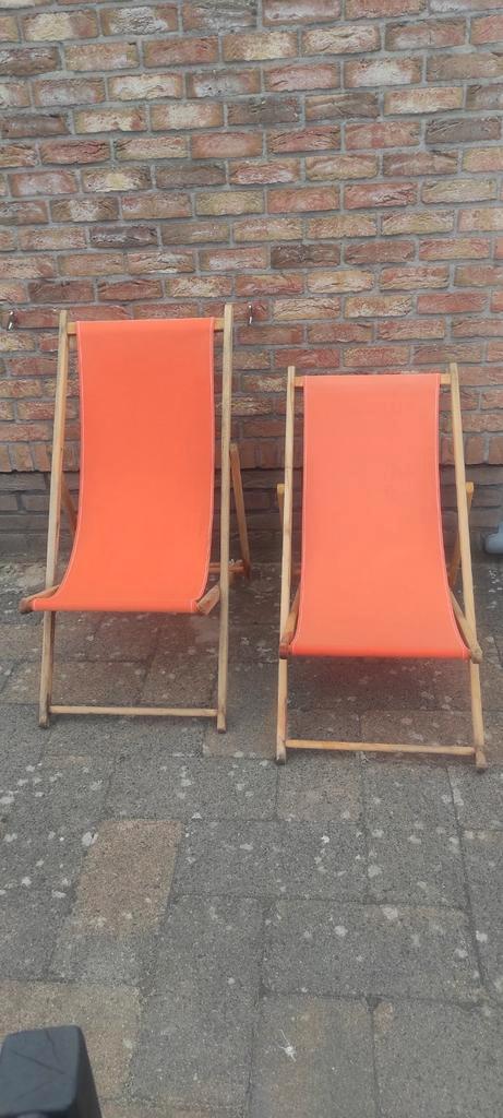 2 strandstoelen uit beukenhout, vintage en met een degelijke, Tuin en Terras, Tuinstoelen, Zo goed als nieuw, Ophalen