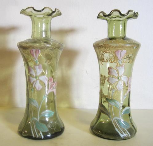 Paar antieke art nouveau Legras vazen, geëmailleerd decor, Antiek en Kunst, Antiek | Glaswerk en Kristal, Verzenden