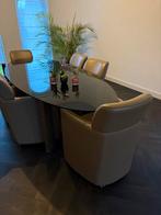 Glazentafel en 6 lederen stoelen op wieltjes, Ophalen, Gebruikt, 100 tot 150 cm, 200 cm of meer