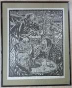 JAN VRANKEN / WACHTEN / ZW-W HOUTSNEDE / 140x114cm / KADER, Ophalen