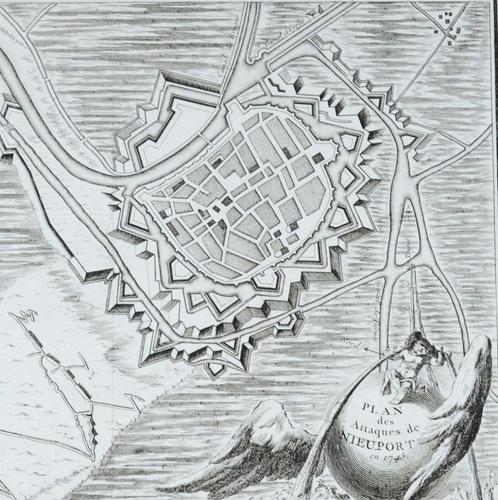 Kaart van Nieuwpoort uit 1745 (originele gravure), Antiek en Kunst, Kunst | Etsen en Gravures, Ophalen of Verzenden