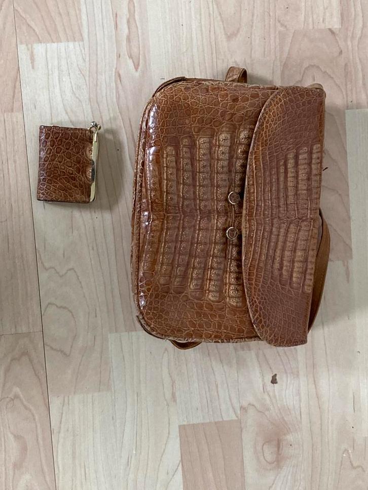 Vintage leren tas met croco print + portemonnee, Handtassen en Accessoires, Tassen | Damestassen, Zo goed als nieuw, Ophalen of Verzenden