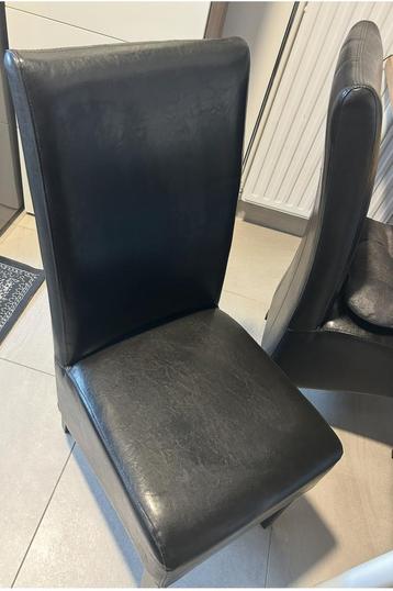 6 zwarte lederen eetkamerstoelen, Ophalen, Gebruikt