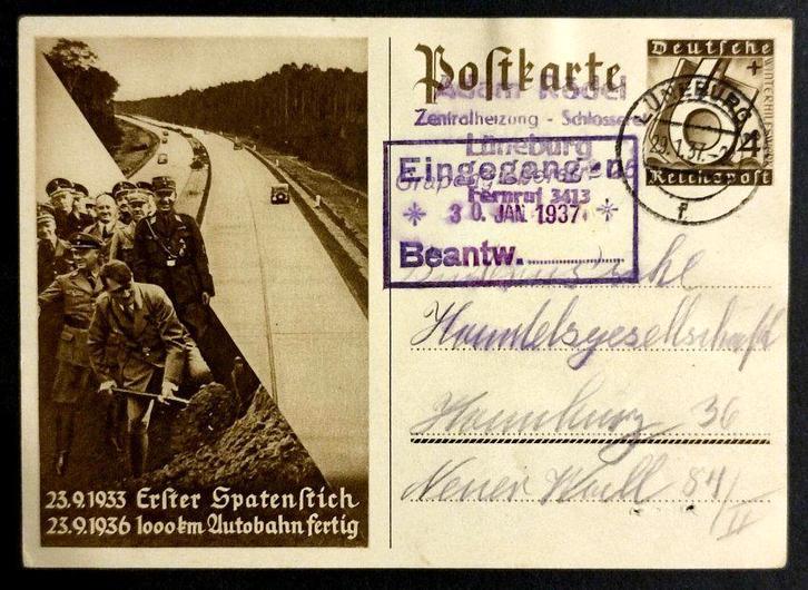 Postkarte 1000 Km Autobahn fertig 1936, Postzegels en Munten, Postzegels | Europa | Duitsland, Gestempeld, Overige periodes, Ophalen of Verzenden