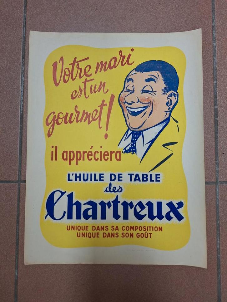 Affiche publicitaire l'Huile de Table Chartreux, Collections, Marques & Objets publicitaires, Utilisé, Panneau publicitaire, Enlèvement ou Envoi
