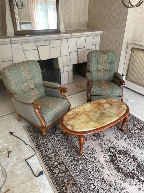 Set van 2 fauteuils + stijlvolle tafels, Antiek en Kunst, Antiek | Meubels | Stoelen en Sofa's, Ophalen