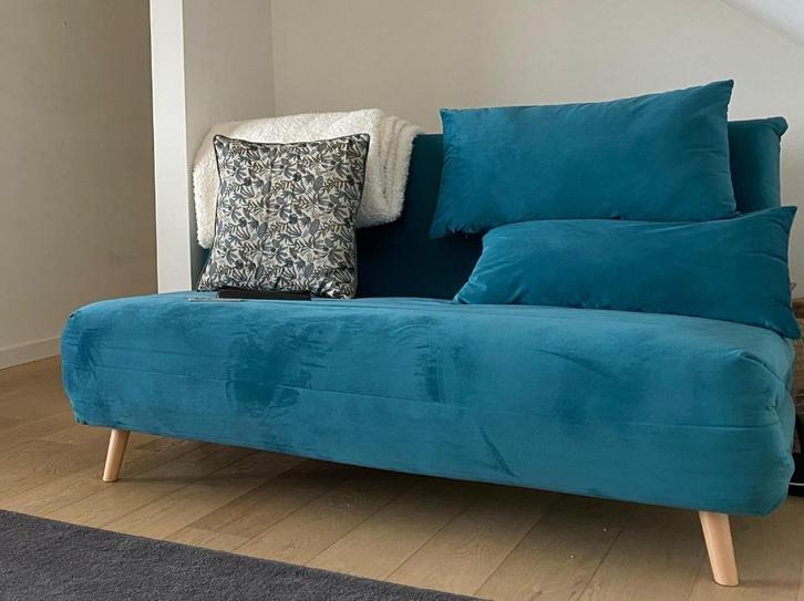 Slaapbank 2-zit in petrolblauw fluweel – Maisons du Monde, Huis en Inrichting, Zetels | Zetels en Chaises Longues, Gebruikt, Tweepersoons