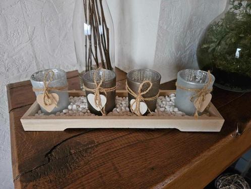Lot décoration plateau + 4 photophores + petits cailloux, Huis en Inrichting, Woonaccessoires | Overige, Zo goed als nieuw, Ophalen of Verzenden