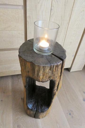 Beau Guéridon Déco tronc sculpter par un Artisan H. 51 cm., Maison & Meubles, Enlèvement, Neuf, Bois