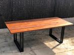 Massieve teakhouten tafel 220x100x75 metalen poten, Ophalen, Zo goed als nieuw, Metaal