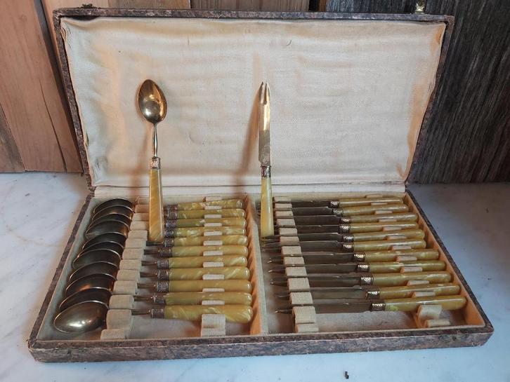 Leuke set van 12 oude dessert / fruit lepeltjes en 12 mesjes, Antiek en Kunst, Antiek | Bestek, Ophalen of Verzenden