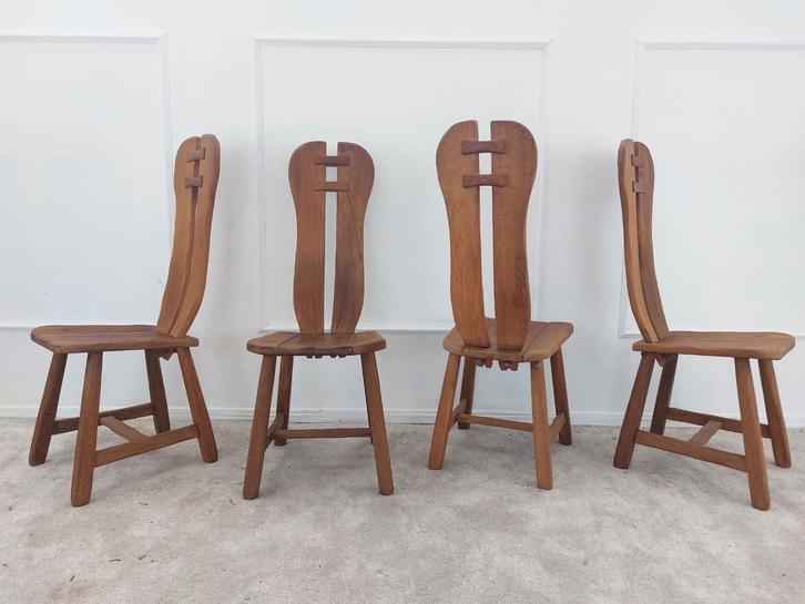 Set van 4 Brutalist De Puydt stoelen - België 1970, Huis en Inrichting, Stoelen, Gebruikt, Vier, Hout, Ophalen