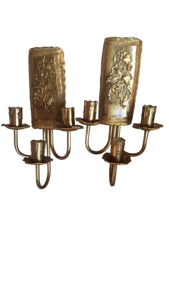 Paar 3-armige wandkandelaars van goudkleurig metaal, Antiek en Kunst, Antiek | Verlichting, Ophalen