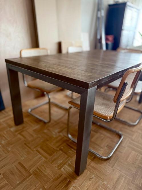Stoere eettafel met houten blad en metalen onderstel, Huis en Inrichting, Tafels | Eettafels, Gebruikt, 50 tot 100 cm, 150 tot 200 cm