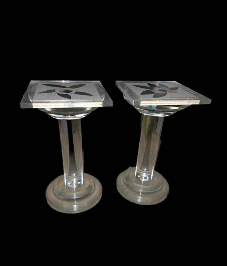 Set van 2 vintage design zuiltafeltjes - plexi, Huis en Inrichting, Tafels | Bijzettafels, Ophalen