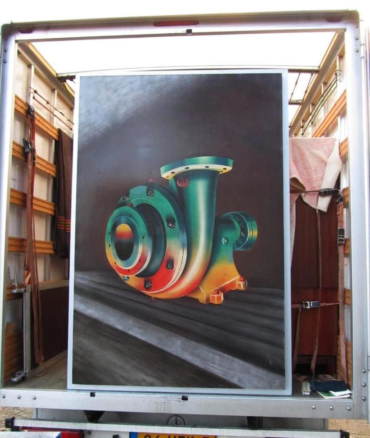 Groot industrieel vintage schilderij van machine pomp, Antiquités & Art, Art | Peinture | Moderne, Enlèvement