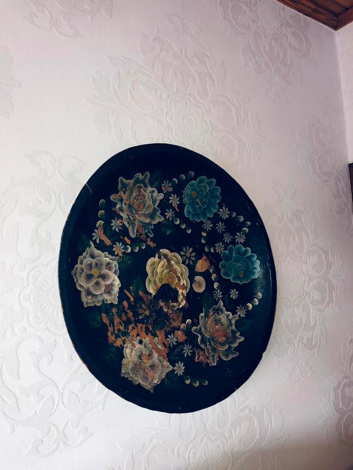 Handgeschilderde houten decoratieve schaal – Ø ca. 45 cm, Antiek en Kunst, Antiek | Wandborden en Tegels, Ophalen