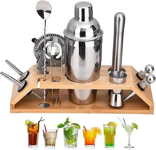 ensemble shaker à cocktail avec support en bois | Nouveau