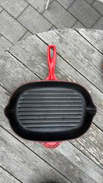 Creuset grill pan 32cm kersenrood ovaal, Ophalen, Gebruikt, Gietijzer, Keramische plaat