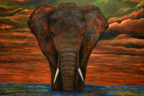 Olifant schilderij, origineel/uniek geeft grappige kamo, Antiek en Kunst, Kunst | Schilderijen | Modern, Ophalen